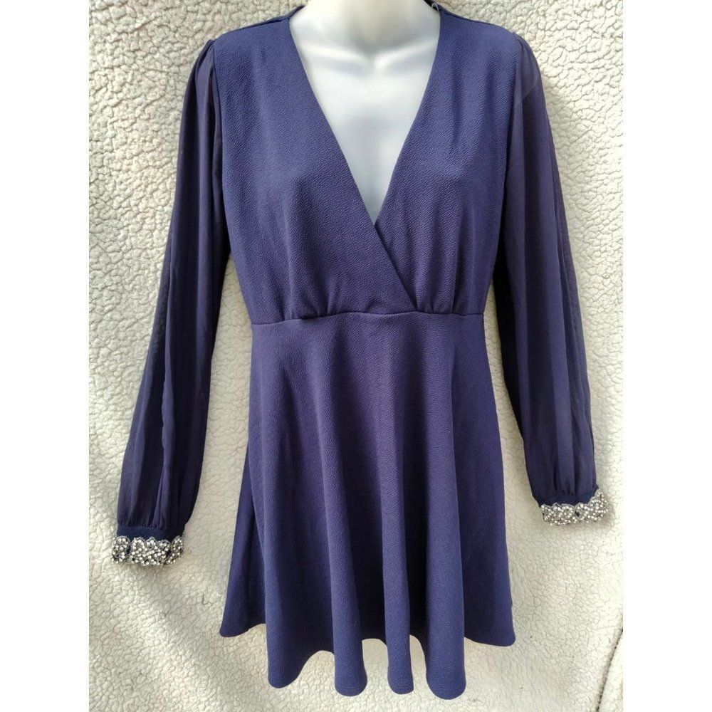 Vici Lac Blu Mini Cold Shoulder Embellished Sheer Sleeve Dress
